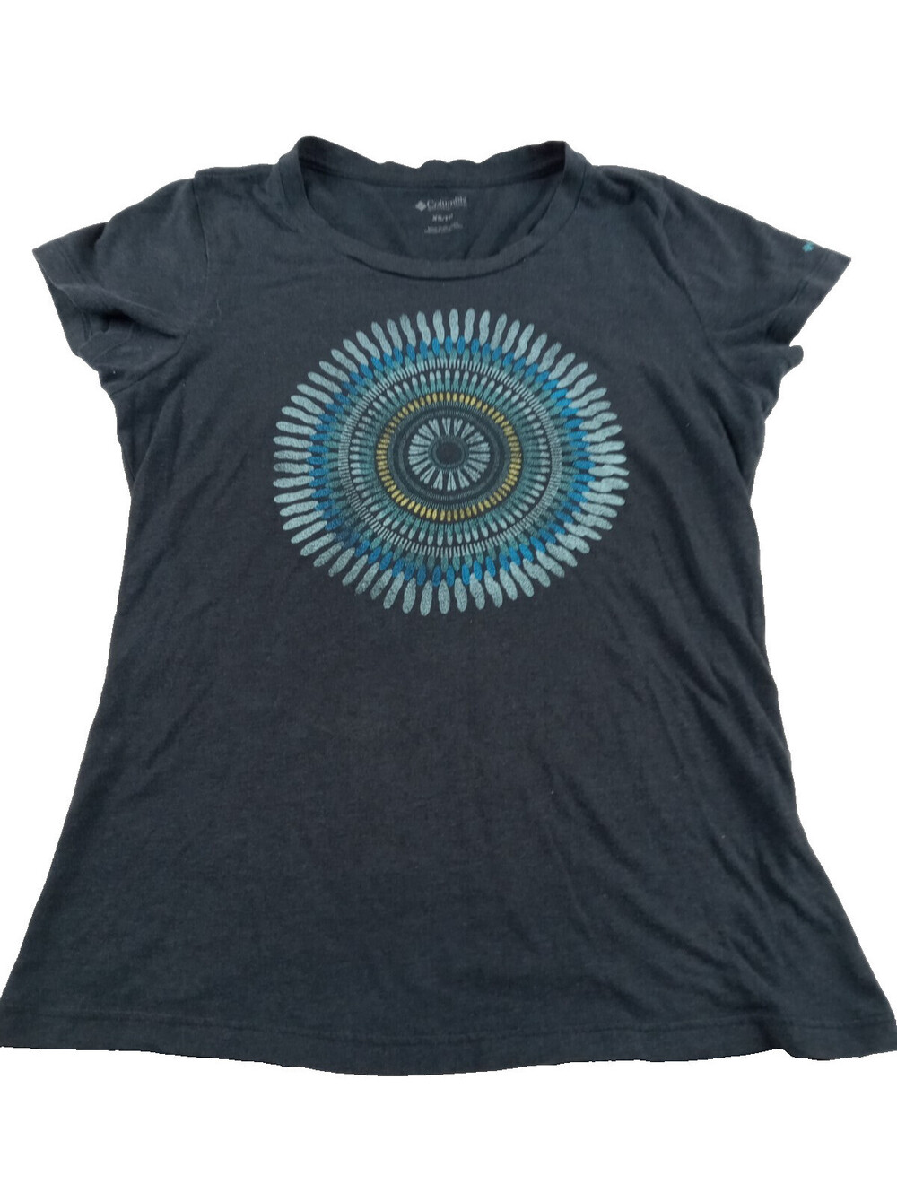 Columbia Shirt Womens XS Dark Gray Geometric Medallion Graphic Short Sleeve Tee